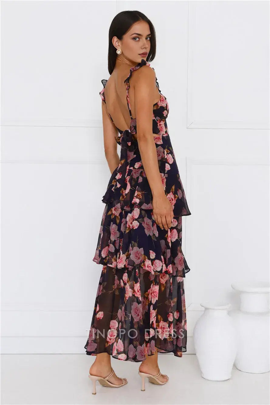 Elegant Square Floral Print Ruffled Strap Maxi Dress with Open Back  Prom Dress